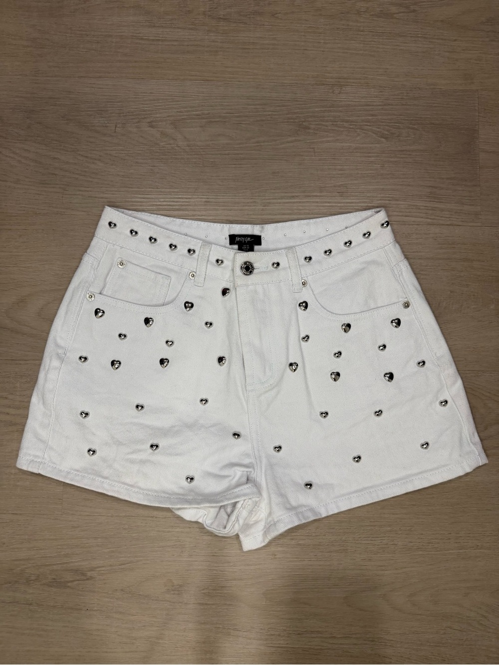 White Studded Heart Denim Shorts